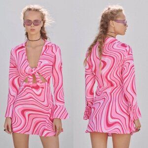Zara Pink Swirl Print Long Sleeve Mini Wrap Dress With Cut-Out Details Size XS